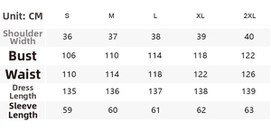 Tableau détaillé des tailles pour la robe imprimée avec mesures en centimètres (S-2XL)