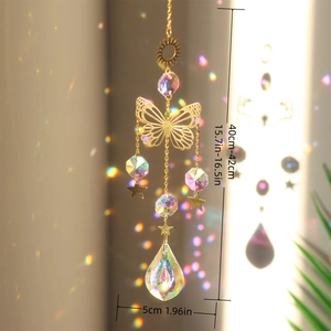 Hanging butterfly crystal suncatcher with gold metal moon and star accents for garden decor