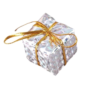 Laser holographic Christmas gift box ornament with golden bow for holiday tree decor