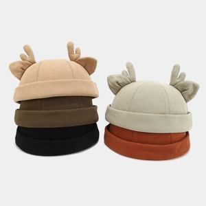 Antlers Ears Docker Hat Brimless Melon Skin Cap Women Autumn Winter Christmas Cosplay Kawaii Solid Color Warm Headwear