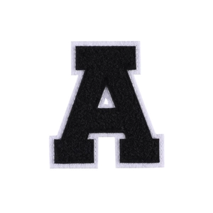 Chenille letter A embroidery patch with black border and white towel texture finish