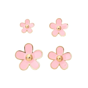 Pink enamel five-petal flower earrings with gold finish in two sizes on white background