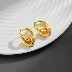 French minimalist gold heart hoop earrings in polished stainless steel for women
