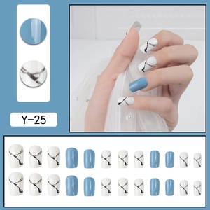 24pcs Y-25 square press-on nails set with blue and marble designs for women