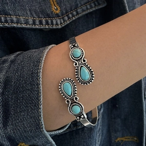 Bohemian Vintage Alloy Turquoise Open Bangle For Women Ethnic Style Retro Silver Plated Adjustable Bracelet Jewelry Gift