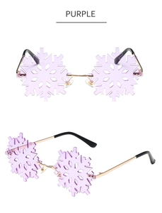 Front and side views of purple snowflake rimless sunglasses with gold metal temples