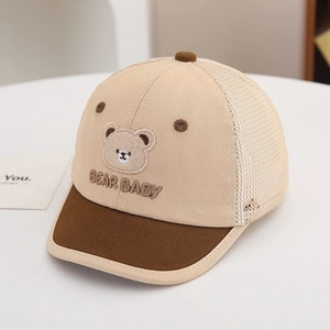 Detail of baby baseball cap featuring bear embroidery and breathable mesh back