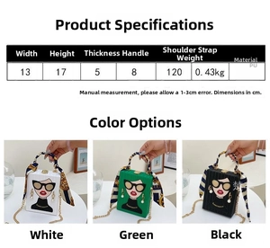 Detailed size parameters for the box clutch bag with dimensions and strap length details