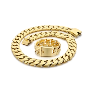 Gold-plated 24mm Cuban link chain necklace and bracelet set with polished finish