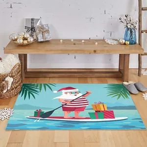 Festive Christmas doormat with Santa surfing on blue sea, non-slip indoor holiday rug
