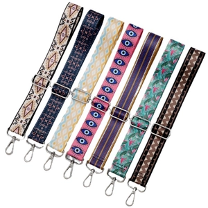 Adjustable ethnic style woven bag straps with colorful patterns and silver metal hooks