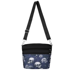 Modische schwarze Nylon Umhängetasche mit Totenkopf Blumendruck und verstellbarem Gurt