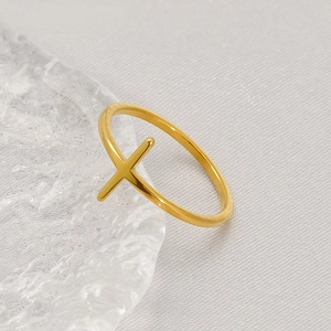 Minimalist golden stainless steel cross ring with a sleek polished finish for women