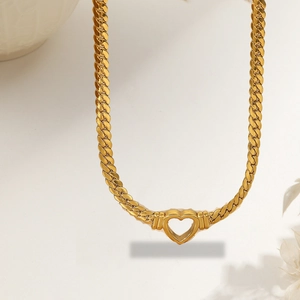 Hollow Heart Pendant Necklace And Bracelet Jewelry 18K Gold Plated Titanium Steel Cuban Snake Chain For Women