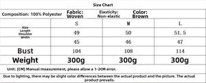 Detailed size chart for brown faux fur vest with measurements in CM for S M L sizes