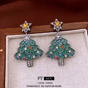 Christmas Tree Drop Earrings Alloy Rhinestone With 925 Sterling Silver Earring Post Elegant Holiday Jewelry For Women