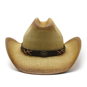Western straw cowboy hat with brown leather band and bull head metal emblem in beige