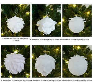Detailed view of white foam Christmas balls in three textures with silver hanging strings