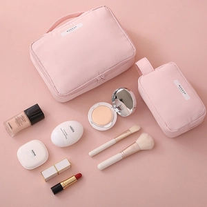 Portable Waterproof Makeup Bag Large Capacity Toiletry Organizer With Handle Travel Cosmetic Pouch Solid Color For Women