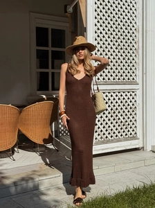 Chic dark brown knit maxi dress with spaghetti straps and crochet cutout details