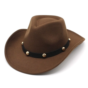 Detail of wide brim felt cowboy hat featuring black band with gold metal studs