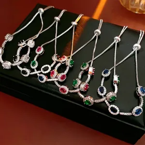 Luxurious silver S925 oval zircon bolo bracelets with adjustable pull-string slide