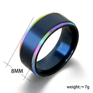 Classic 8mm two-tone titanium steel ring with blue matte finish and rainbow edges