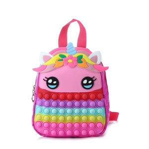 Pink unicorn pop backpack for kids featuring rainbow silicone fidget bubbles and adjustable straps