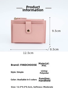 Pink short wallet dimensions 12.5x9.5x0.5cm with zipper and snap button detail