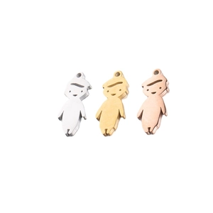 Polished stainless steel boy and girl pendants in silver, gold, and rose gold finishes