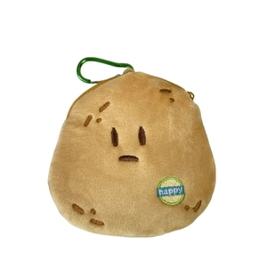 Cute brown plush potato coin purse with green clasp and happy embroidery on white background