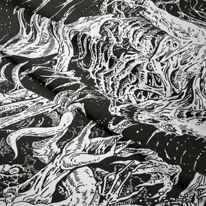 Close-up of bohemian life tree tapestry showing black and white fabric texture and detail