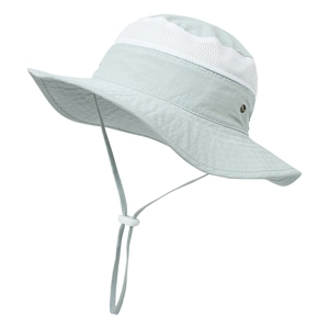 Detail of grey-green kids' sun hat featuring white breathable mesh and adjustable chin strap