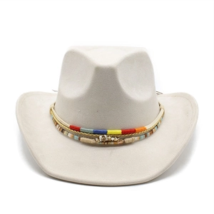 Beige faux suede western cowboy hat with colorful ethnic band and shell decorations
