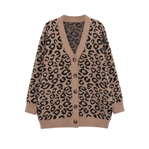 Women's V-neck leopard print knit cardigan with long sleeves and front buttons