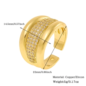 Detail view of gold geometric ring with micro-paved zircons and size measurements