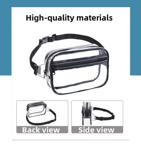 Detailed front and side views of a clear PVC waterproof fanny pack with black zippers