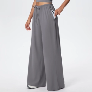 Detail of dark grey high waisted wide leg joggers showing a functional side pocket for phone