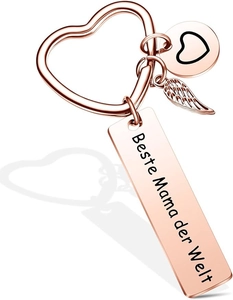 Rose gold Beste Mama der Welt keychain with heart and wing charms on white background