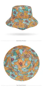 Detail view showing top and back of floral sun hat with tropical leaf patterns