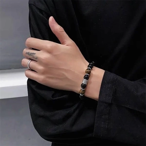 Men's 10mm Tiger Eye and Obsidian beaded stretch bracelet with silver metal spacers
