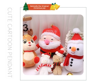 Close-up of Christmas plush pendants including Santa, snowman, and reindeer in a basket