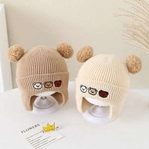 Bonnet En Tricot Pour Bébé Hiver Protection Des Oreilles Chaud Coupe-Vent Broderie Ours Pompons Nourrisson