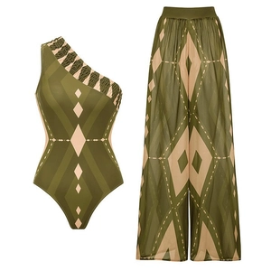 Women Monokini Swimsuit And Wide Leg Pants Geometric Print Halter Neck Single Shoulder Beachwear