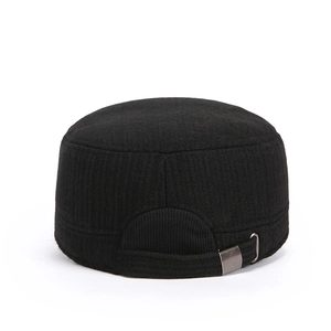 Winter black cadet cap for men with thick textured fabric and adjustable metal buckle back
