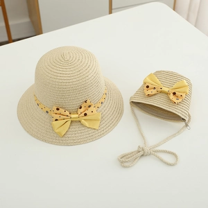 Kids beige straw hat and matching bag set with yellow polka dot bow for summer vacation