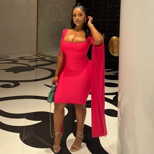 Square Neck Long Slit Cape Sleeve Bodycon Mini Dress Solid Color Elegant Party Evening Slim Fit Sexy Clubwear Cocktail