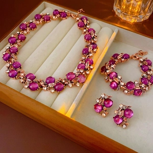 Vintage Alloy Purple Resin Bead Necklace Bracelet Rhinestone Earrings With Silver Earring Post Floral Leaf Berry Design