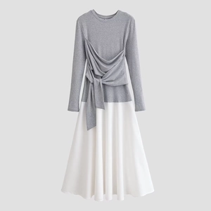 Patchwork Maxi Dress Contrast Color Long Sleeve Round Neck High Waist Bow Tie A-Line Elegant Sweet Style For Women