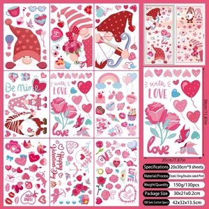 Detail of 9-sheet Valentine's window static clings set with hearts and gnomes